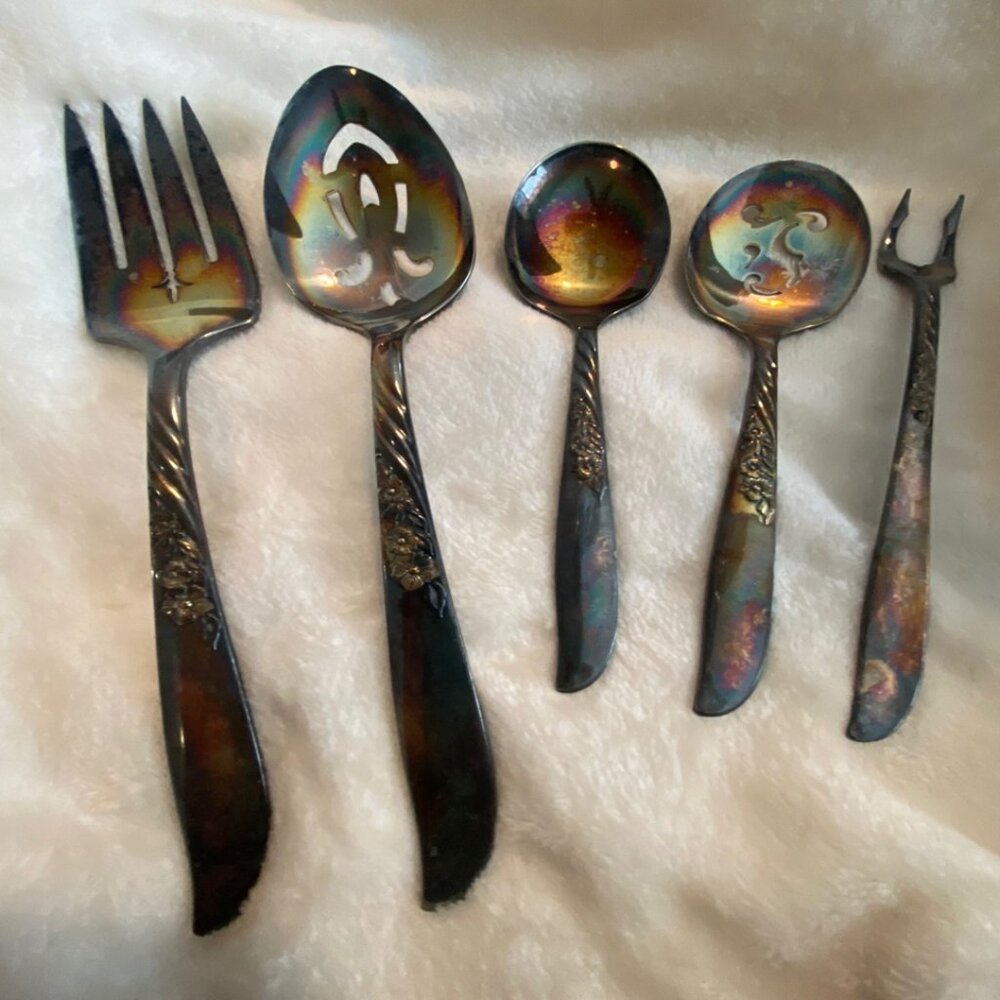 Wm A Rogers~Oneida Ltd ~ Always|Wildwood ~ 5 Pc Fork/Spoon Srvg Set ~Silverplate